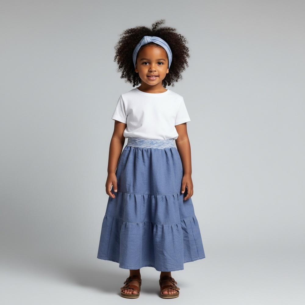 Skirt Girl 3/4 Maxi Blue Chambray Ruffle Tiered Cotton Preppy Mom and Pop's Kids